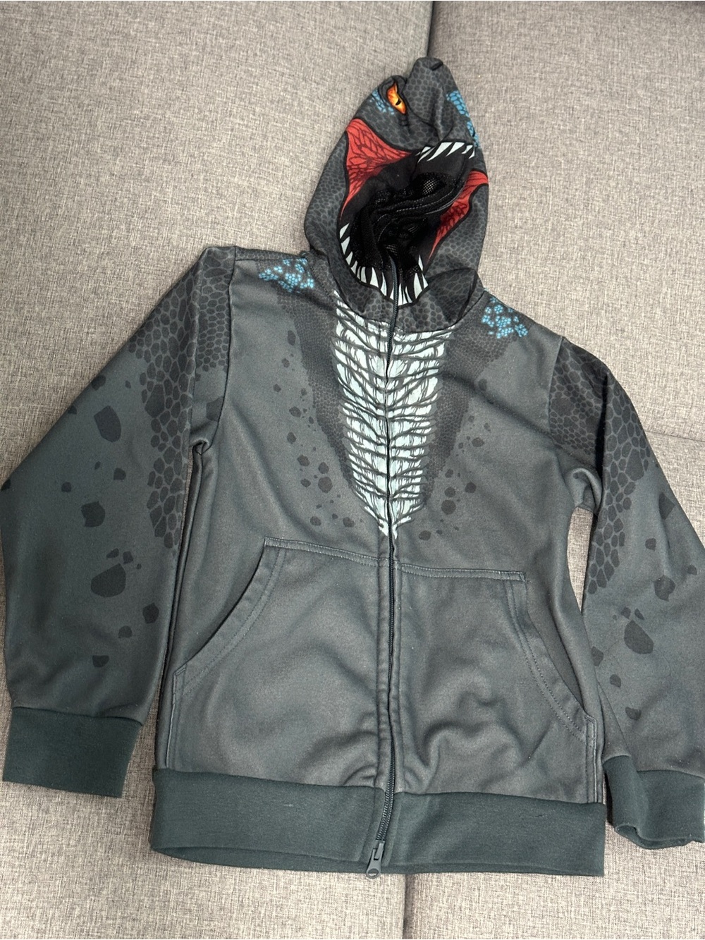 Kids' Dark Gray Dino-Print Zip Hoodie with Mouth-Detail Hood